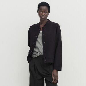 Massimo Dutti Dark Navy Blue Twill Fabric Wool Blend Short Bomber Jacket